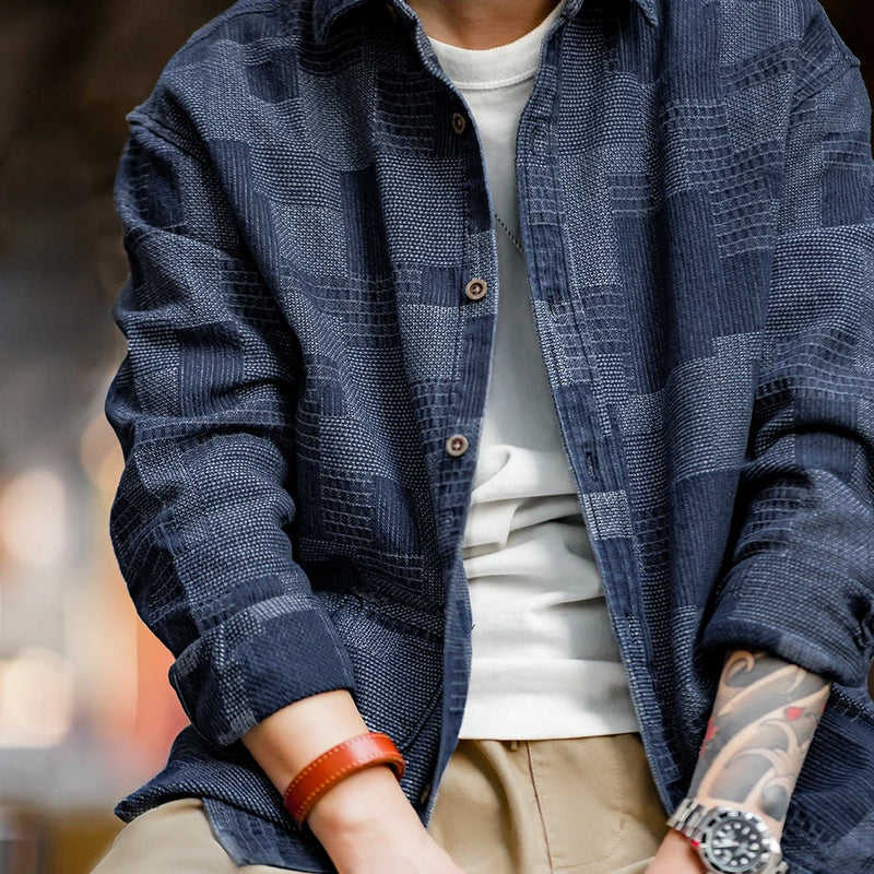 អាវ Denim Maden ជប៉ុន បែប Retro Boro សម្រាប់ បុរស អាវ ដៃវែង បែប Jacquard Patchwork អាវ ប៊ូតុង ចុះ អាវ ក្រៅ រដូវ ផ្ការីក ទំហំ ធំ