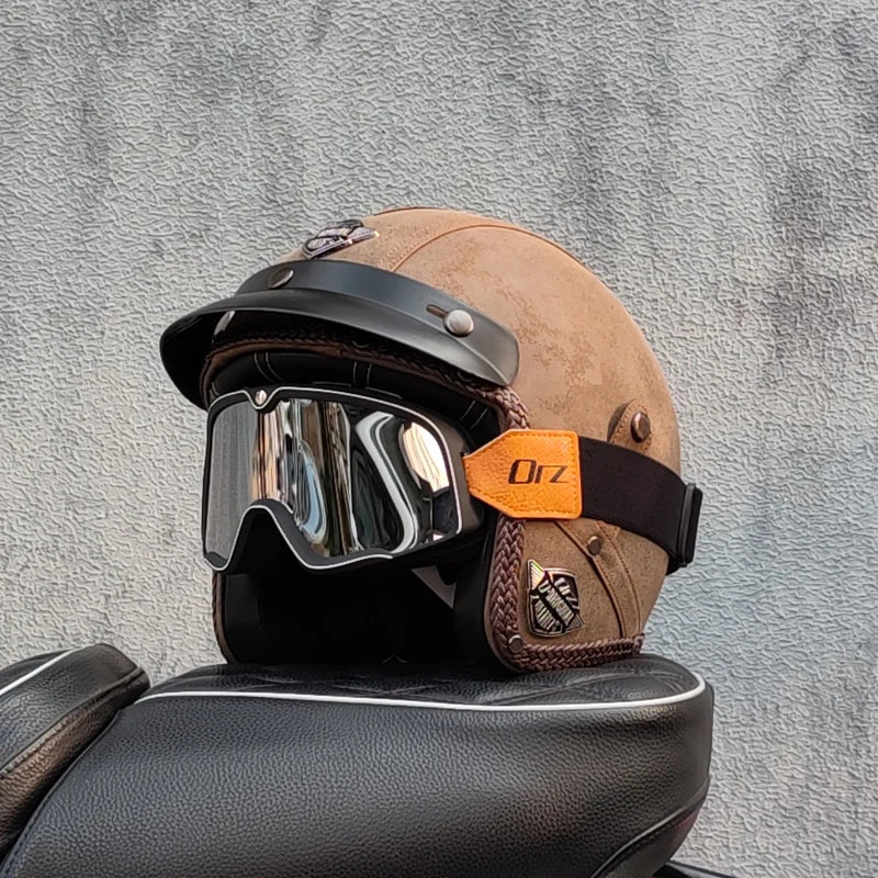 Motorcycle retro helmet PU leather 3/4 scooter half helmet couple helmet DOT approved M-XXL