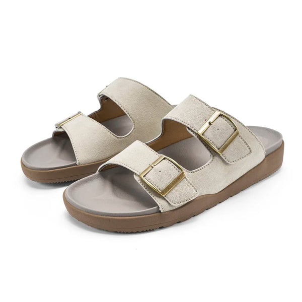 Men Women Two Strap Buckle Slide Sandals Adjustable Metal Buckle Comfort Footbed Flat Slides Orthopedic Summer Beach Slippers
