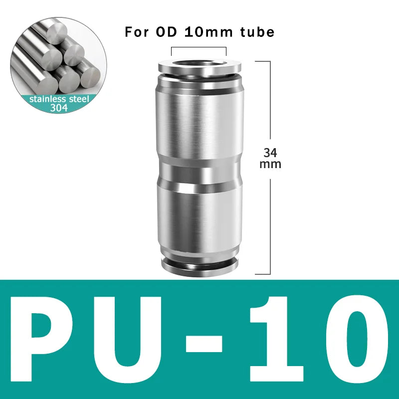 10pcs 304 ដែកអ៊ីណុក 304 ភ្ជាប់រហ័សជាមួយខ្យល់ សមសម្រាប់បំពង់សម្ពាធខ្ពស់ PU/PV/PE/PY ទំហំ 4/6/8/10/12mm ធន់នឹងការច្រេះ