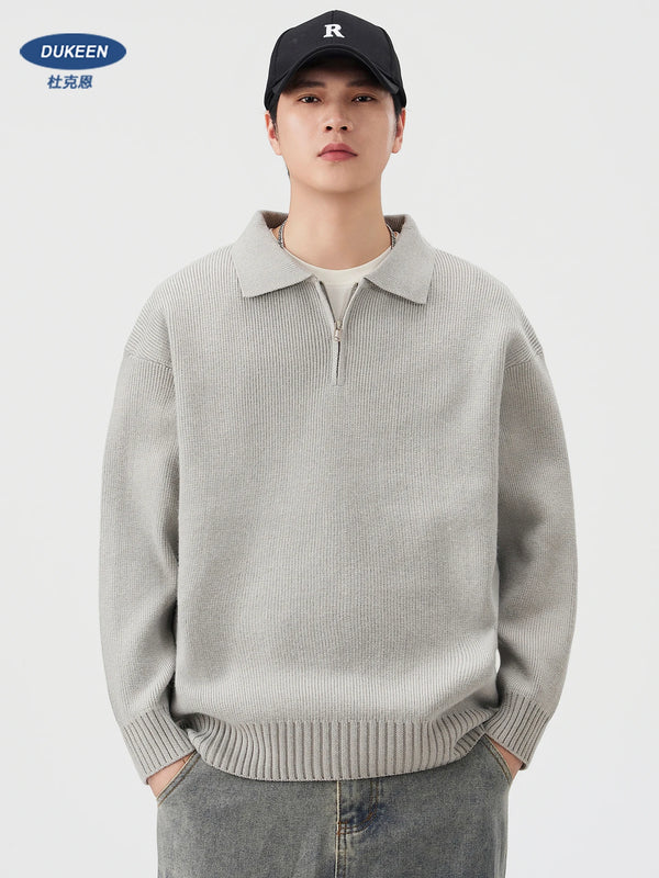 DUKEEN 810G Heavyweight Half-Zip Men's Sweater Autumn and Winter Japanese Style Polo Collar Relaxed Fit Warm Knitwear