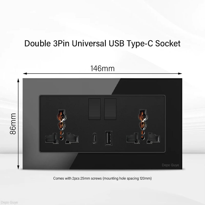 UK Black USB Type-C 18W Fast Charging Socket Universal Tempered Glass  Double 5-pin Power Plug,Home Electrical Wall Light Switch
