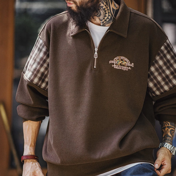 អាវយឺត Maden Vintage Half-Zip Sweatshirt បុរសពណ៌ត្នោតអាមេរិកាំងធម្មតា Retro Color Block ប៉ាក់អាវក្រៅរដូវស្លឹកឈើជ្រុះ