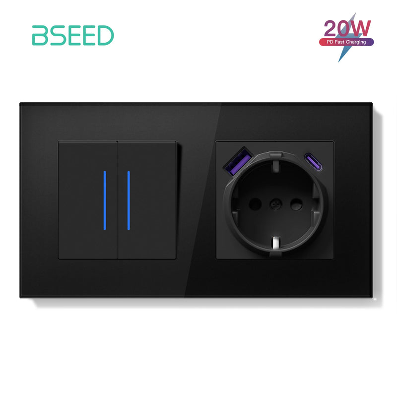 BSEED E Series Mechanical Wall Light Switch Button Switch 1/2Gang 1Way With Wall Socket Crystal Glass Panel Switch On Off 250V