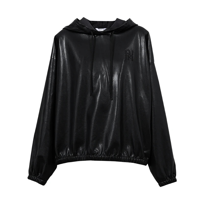 Amii Women's Hooded PU Leather Drop Shoulder Sweatshirt Retro Modern Fashion Loose Tops 2026 Autumn Woman Clothing 12643103
