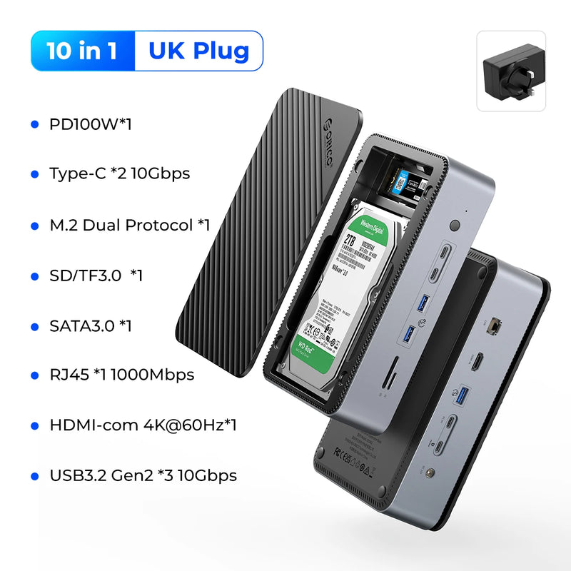 ORICO Docking Station Deck with Dual M.2 NVME SSD Case 3.5 Hard Drive Enclosure Steam Dock 10 in 1 HDMI 4K60Hz PD100W Ethernet
