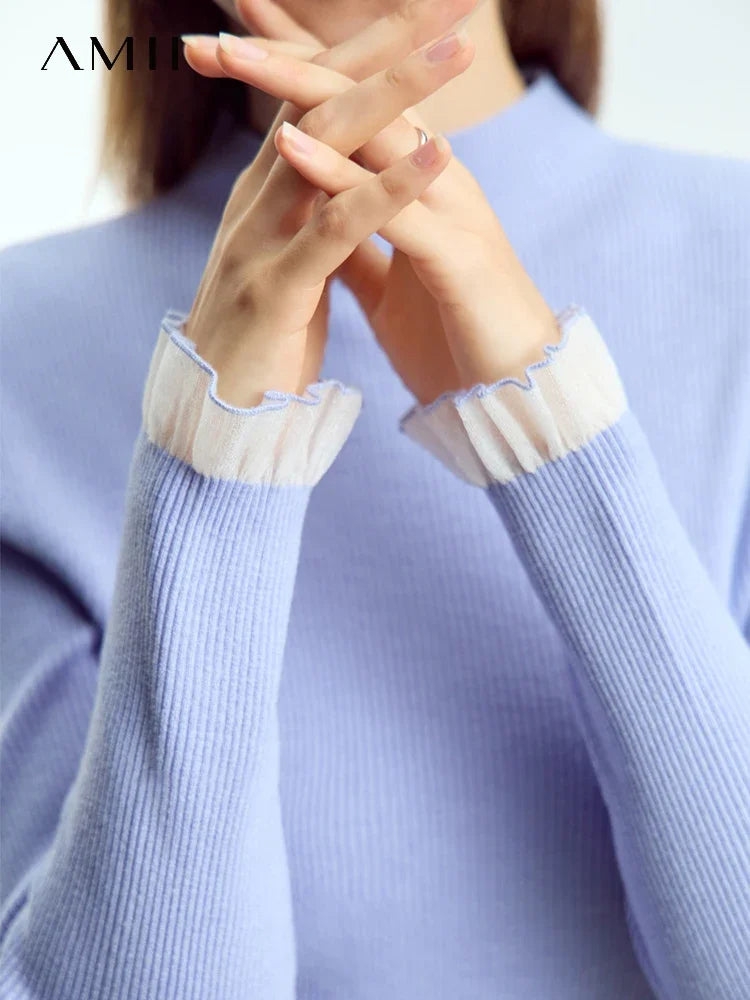 អាវយឺត AMII Minimalism Mock Neck សម្រាប់ស្ត្រី រដូវស្លឹកឈើជ្រុះឆ្នាំ ២០២៤ ថ្មី ស្លីមហ្វីត អាវប៉ាក់ដៃវែង អាវរោមចៀមសម្រាប់ស្ត្រី 12443251