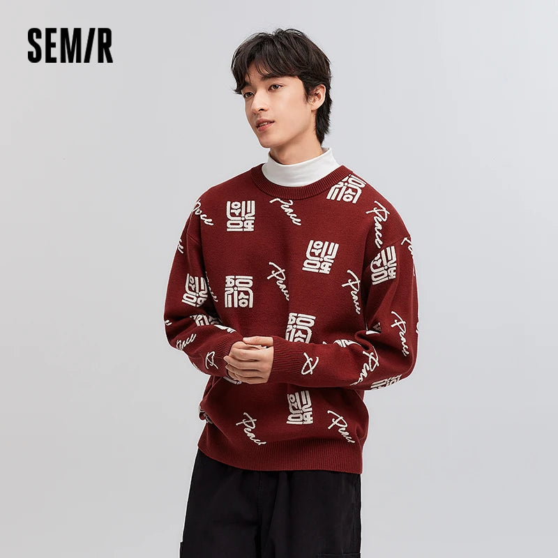Semir Sweater Men New Year's Red Jacquard Knitted Sweater 2025 New Spring Couple's Sweater Loose