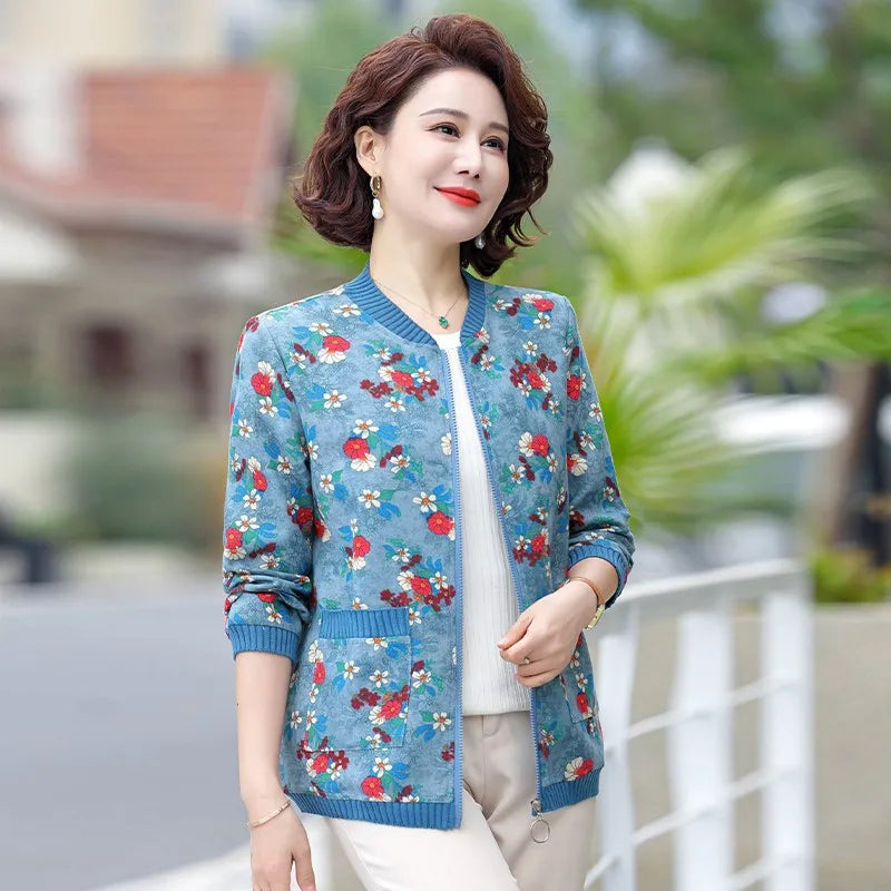 អាវបេស្បលសម្រាប់ស្ត្រីនិទាឃរដូវរដូវស្លឹកឈើជ្រុះថ្មី អាវម្តាយ សម្លៀកបំពាក់ស្ត្រីវ័យកណ្តាល ម៉ូដបោះពុម្ព អាវក្រៅសម្រាប់ស្ត្រីលំហែកាយ