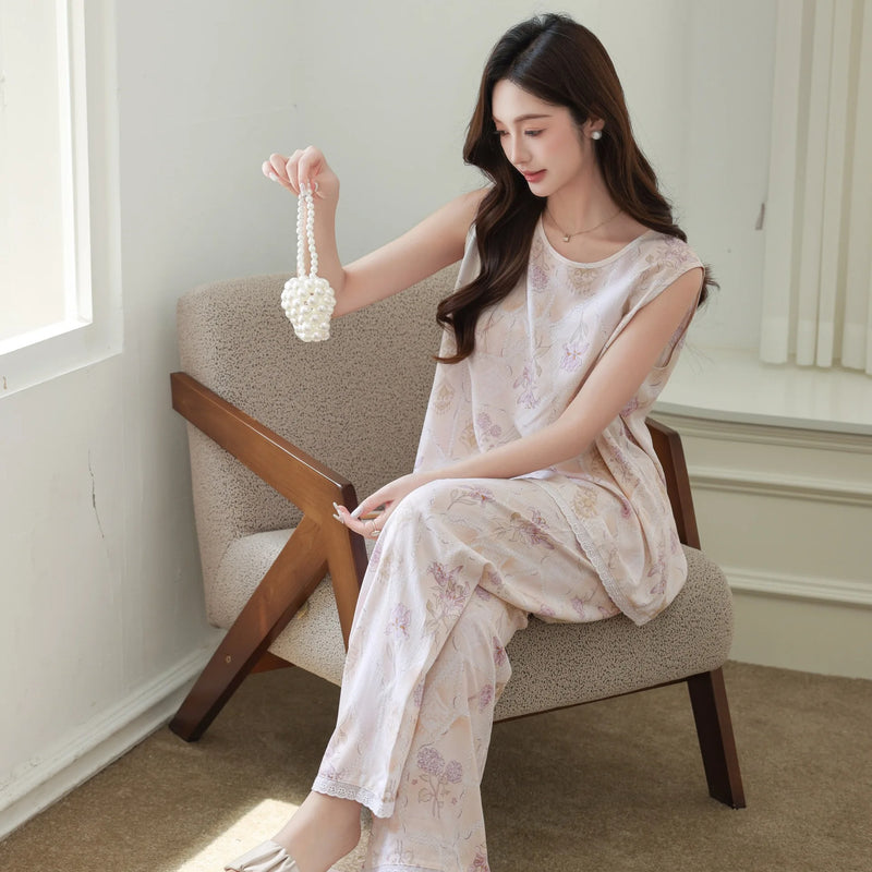 Floral Sleepwear Women's Pajamas Summer 2 Piece Set Night Wear for Ladies Sleeveless Pajamas Female Clothing Pyjama Set Woman