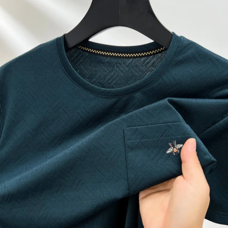 High-End Summer New Men Short-Sleeved T-Shirt Round Neck Actual Pocket Bee Embroidery Western Style Leisure Ventilate Men's Wear