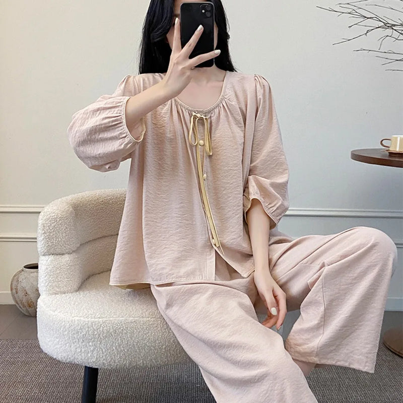 New Chest Pad Pajama Women 2 Piece Pijama Homewear Spring Summer Round Neck Top Sleepwear Suit Pyjamas Loungewear Home Clothes