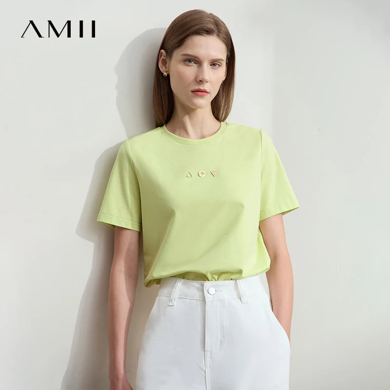 អាវយឺត Amii Minimalist សម្រាប់នារី កអាវខ្លី ដៃខ្លី ការតុបតែងធរណីមាត្រ កប្បាសប្រឆាំងបាក់តេរី អាវយឺតយឺត 12521088