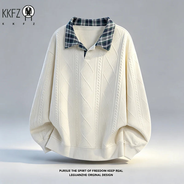 Mens Plaid Lapel Collar Long Sleeve Jacquard Sweatshirt Geometric Embossed Texture Soft Handfeel Top For Autumn