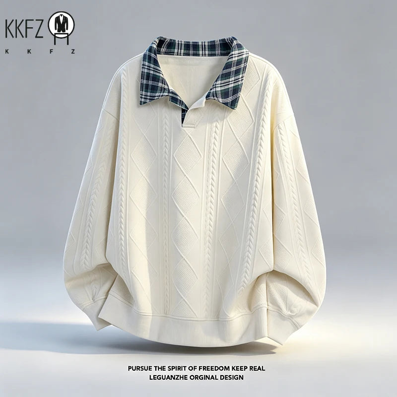 Mens Plaid Lapel Collar Long Sleeve Jacquard Sweatshirt Geometric Embossed Texture Soft Handfeel Top For Autumn