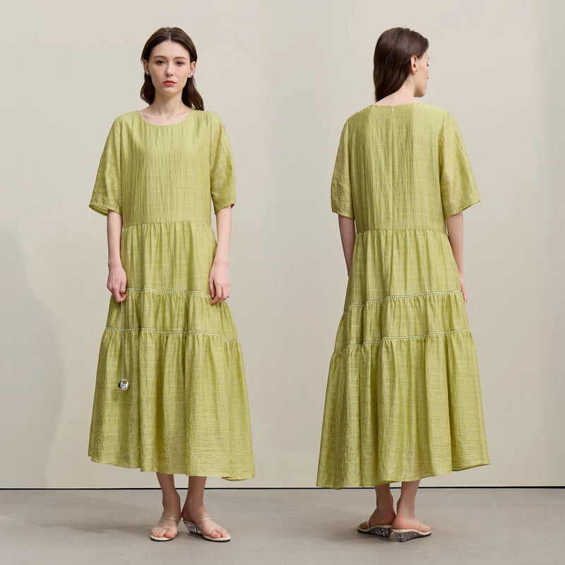 Amii Long Dresses 2026 Summer New Round Neck Mid Sleeve Tiered Skirt Casual Loose Fit Asymmetric Hem Dress For Women 12642118