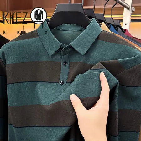 Autumn Basic Long Sleeve Polo Men Turn Down Collar Stripe Pattern Material Easy Matching Daily Commute Apparel
