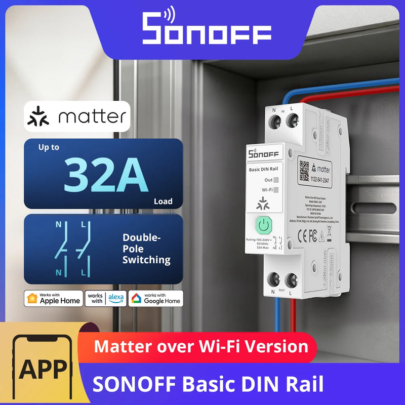SONOFF BASIC-1GSP Basic Single-Channel DIN Rail Switch Matter WiFi Energy Consumption Monitoring Overload Protection Up to 32A