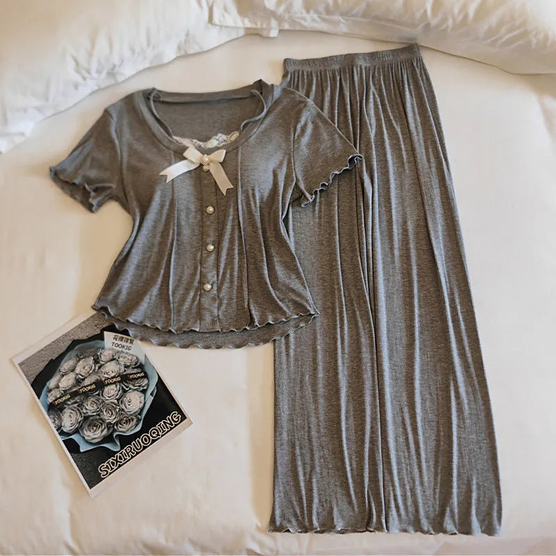 Summer Pajamas For Women New Elegant Modal Sleepwear Set Korean Bow Short Sleeve Trousers Sets Chest Pad Nightwear Home Suit