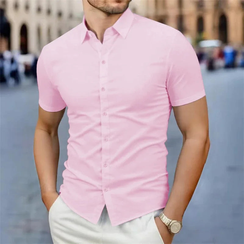 Men's Business Casual Solid Color Short Sleeve Shirt Summer Fashion No Ironing Comfortable Versatile Top for Men