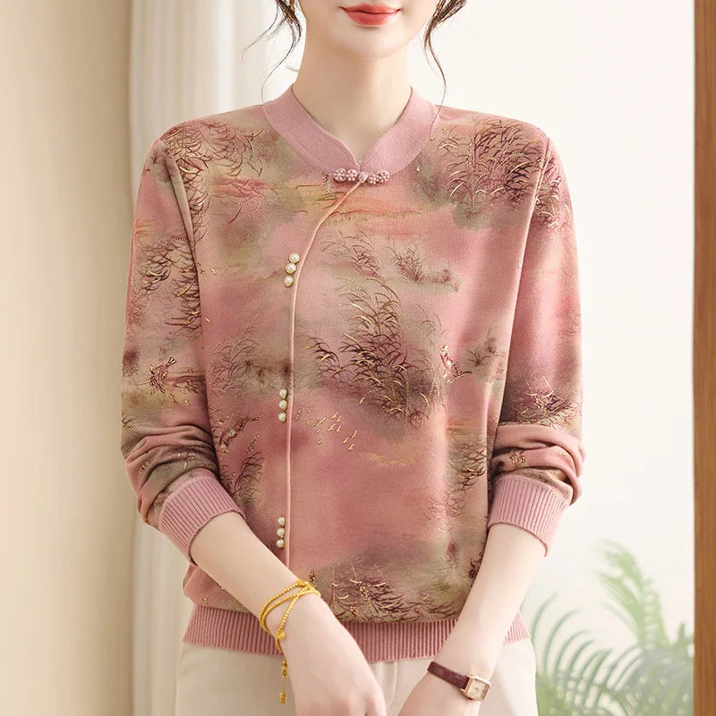 New Vintage Printed Woman Clothing Spring Autumn Middle Aged Mother Pollovers Long Sleeve Tops Women's Sweater Knitwear Blouse