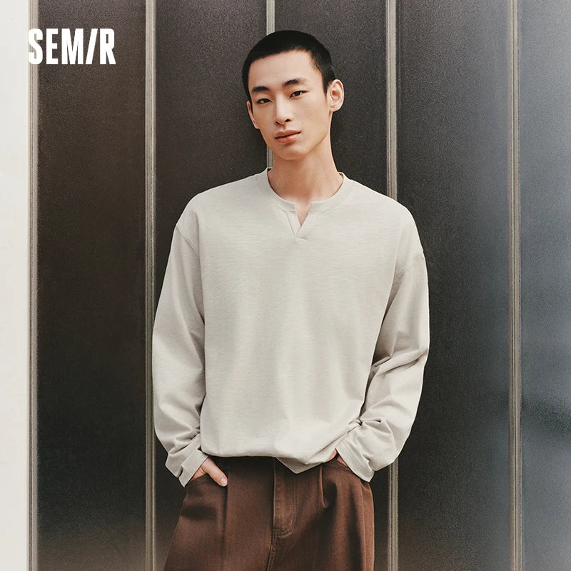 Semir Versatile Tshirt Men 2026 Spring Solid Color Small V Neck Loose Commute Basic Casual Comfortable Inner Layer Top