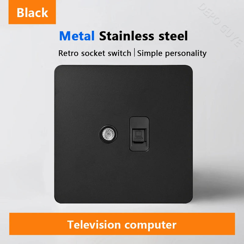 Black Retro Toggle Wall Light Switch Socket,Stainless Steel Universal UK Electrical Outlets with USB Type-C charging For Home
