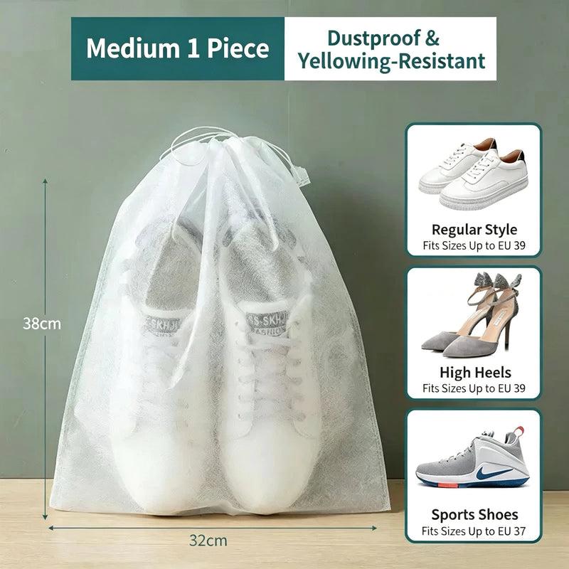 Disposable Non Woven Shoe Storage Bags with Drawstring, Dust Proof Hanging Shoe Organizer Pouches for Travel Closet Outdoor Use
