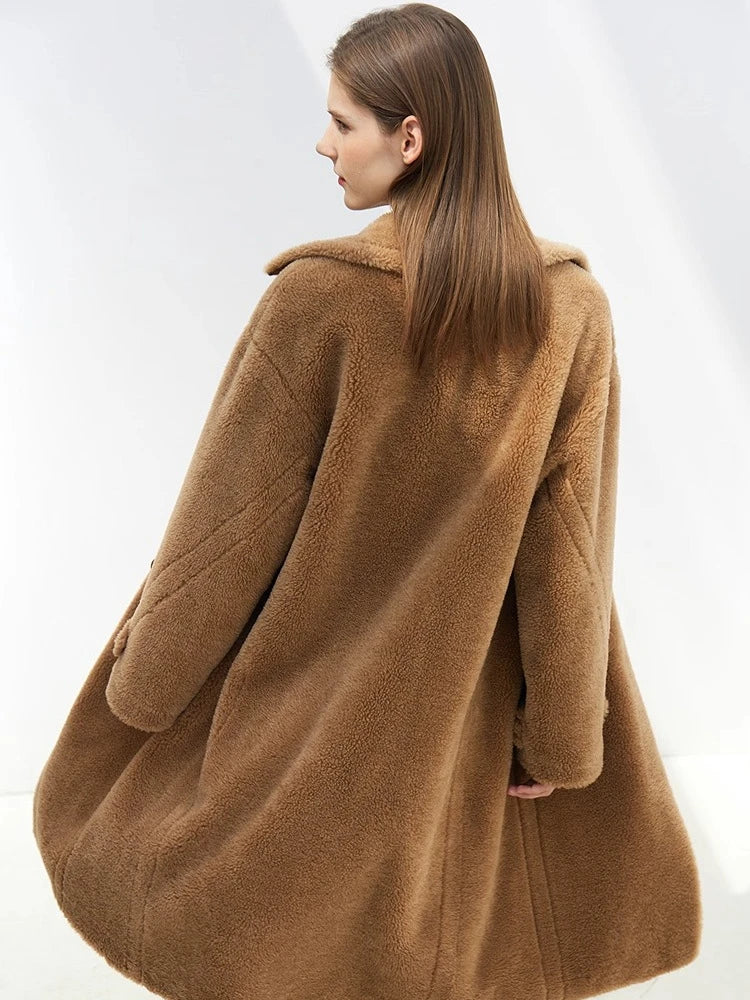 Amii Fur Coat 2026 Winter New Warm Office Lady Turn-Down Collar Full Wool Outerwears Straight Double-breasted Coat 12554013