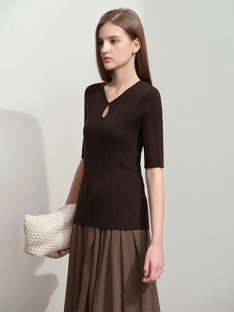 Amii 2026 Autumn Minimalist Elegant Water Drop Collar Medium Sleeve Wool Knitted Sweater Irregular Pit Strip Slim Top 12541100
