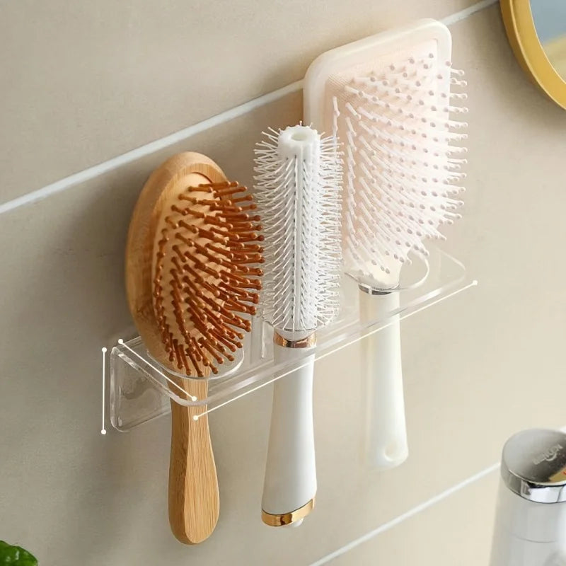 1pc Transparent Plastic Bathroom Organizer Rack, Wall-Mounted No-Drill Storage Rack for Hair Brush. Bathroom Accessori.