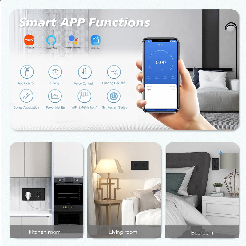 BSEED WIFI Smart Socket With 20W Fast Charge Port Plastic Frame Smart Wall Socket USB Type-C Port Tuya Smart Life Control