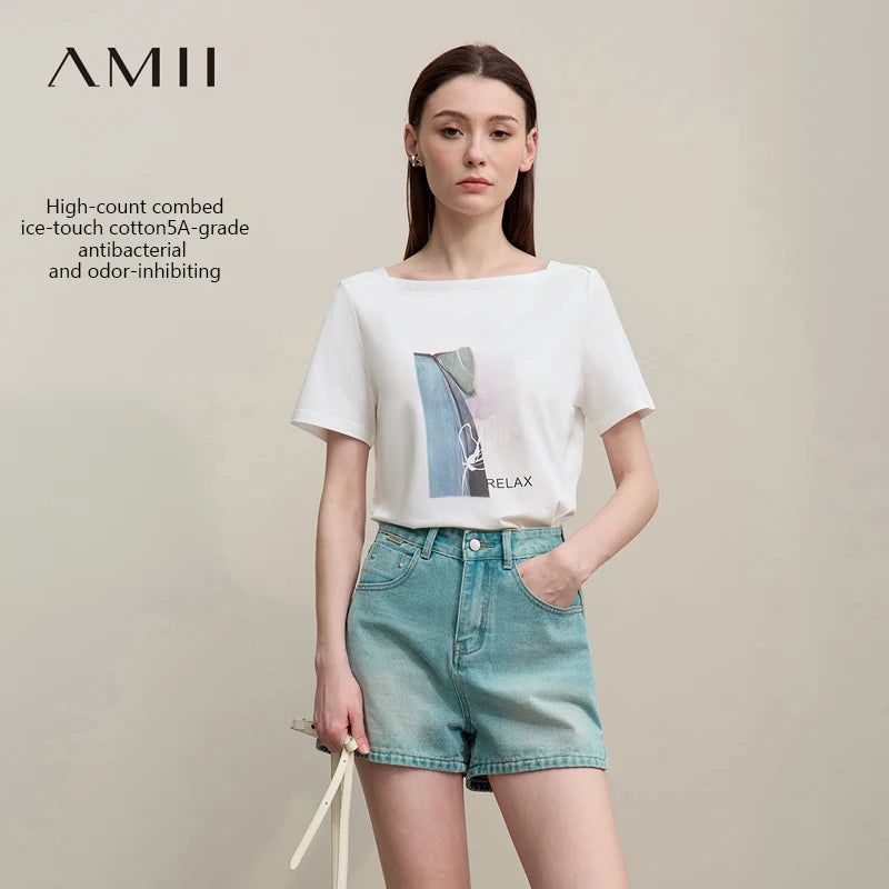 អាវយឺត Amii សម្រាប់នារី រដូវក្តៅ ឆ្នាំ២០២៦ អាវយឺតដៃខ្លី លាតចេញស្មាថ្មី បោះពុម្ពលើអាវកប្បាសត្រង់ សម្រាប់នារី 12612020