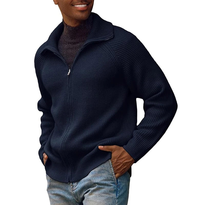 Global Bestseller Men's Zip-Up Knit Sweater, Casual Acrylic Blend Pullover, Gray Black Navy Brown, M-3XL