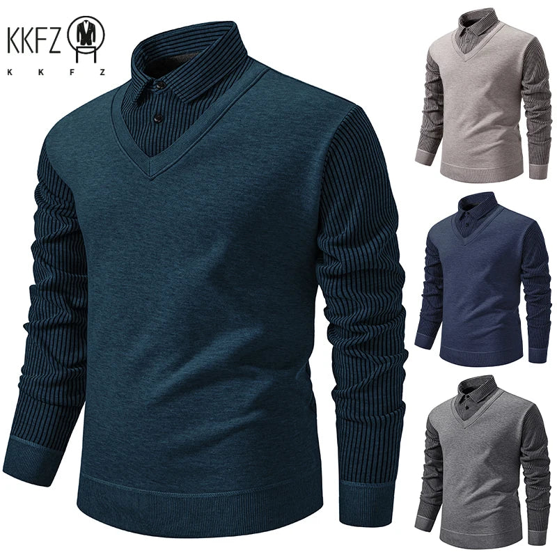 Daily Casual Male Knitted Pullover Fake Two Piece Waistcoat Fleece Lined Vertical Stripe Shirt Collar Slim Long Sleeve Garment