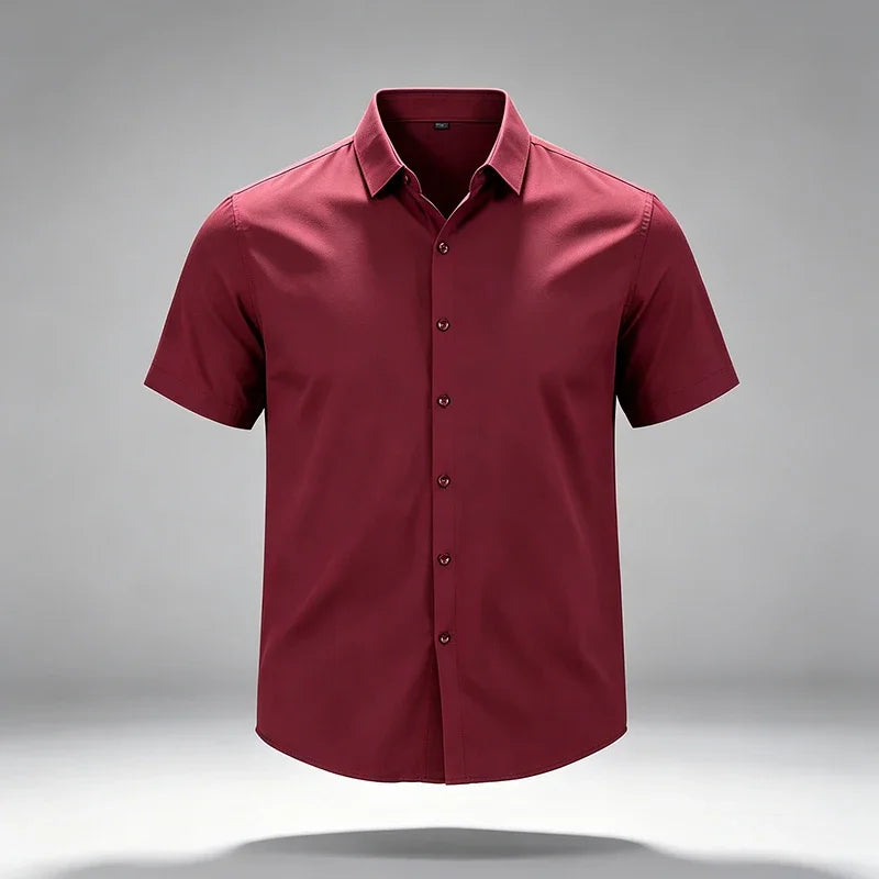 Summer Male Lapel Short Sleeve Dress Shirt Single Breasted Soft Stretch Cloth Outdoor Travel Daily Commute Formal Top