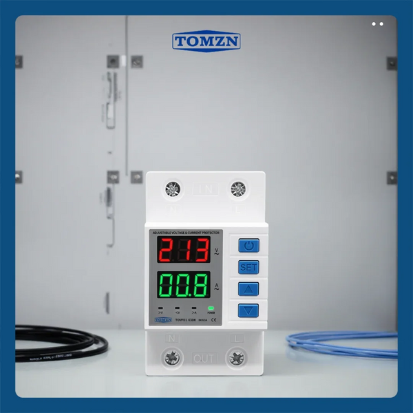 TOMZN Din Rail Adjustable Protector – Over/Under Voltage and Over Current Protection, Disconnects Both L and N AC110V/230V63A