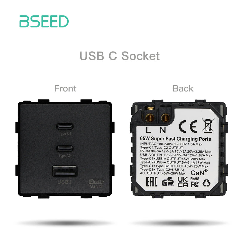 BSEED EU Wall Plastic Panel With Double Internet Socket CAT5 RJ45 ST TV USB Function Parts Power Socket DIY Free Combination