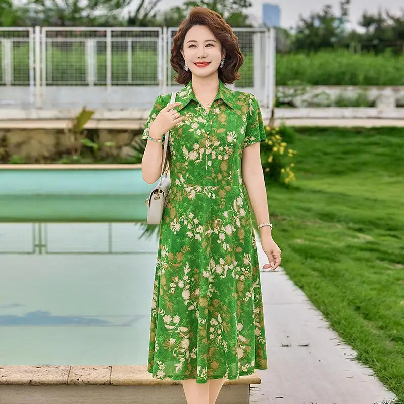 សម្លៀកបំពាក់រដូវក្តៅសម្រាប់ស្ត្រី រ៉ូបខ្លីដៃអាវខ្លីបែប Vintage បោះពុម្ព