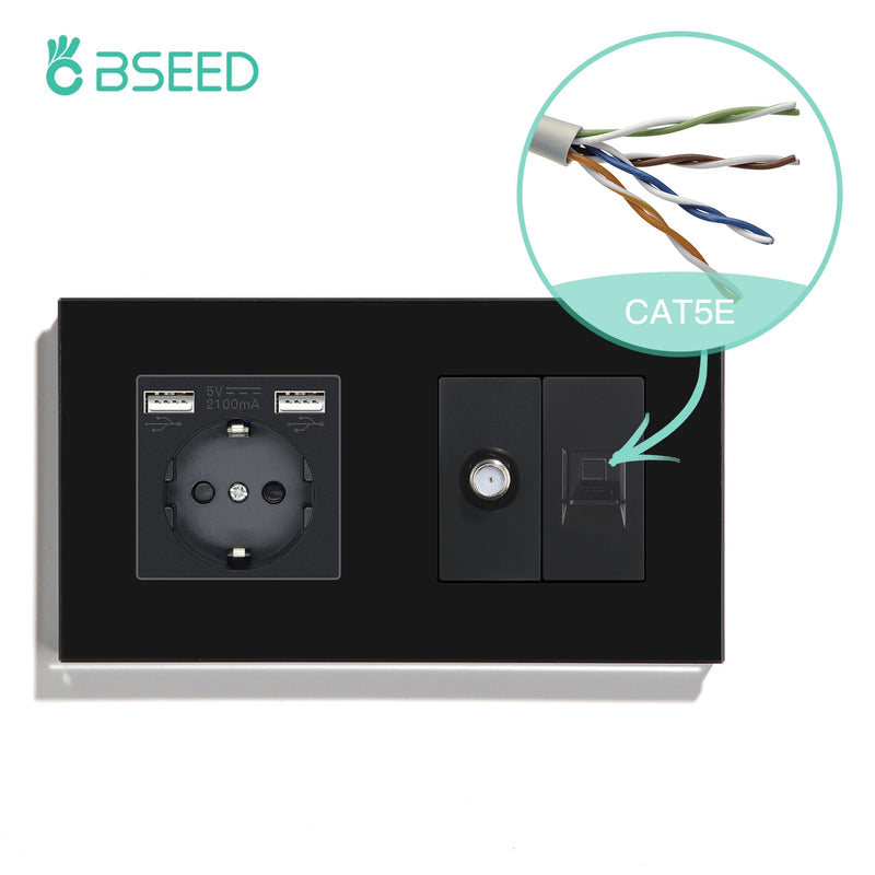 BSEED Double EU Standard Wall Plug 16A 100-250V With CAT5 Computer Network Power Sockt Satellite Antenna Outlet 157*86mm