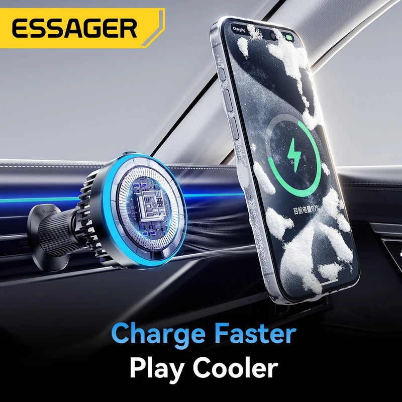 Essager 15W Ice Cooling Magnetic Wireless Car Charger for iPhone 16 15 14 13 12 MacSafe Car Phone Holder Fast Charging Station