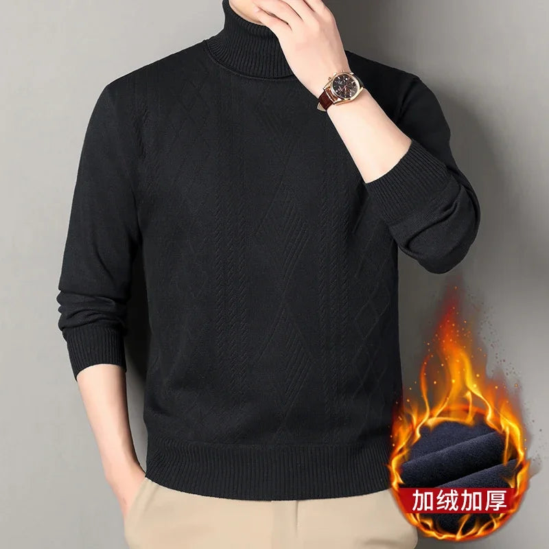 Three Dimensional Twist Weave Male Turtleneck Sweater Diamond Cable Allover Pattern Fleece Lined Rib Hem Pullover