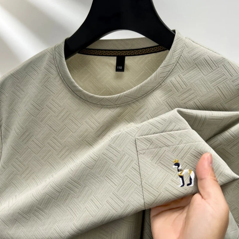 Classic Trendy Man New Short-Sleeved T-Shirt Round Neck Actual Pocket Puppy Embroidery Korean-Style Fashion Casual Men'sClothing