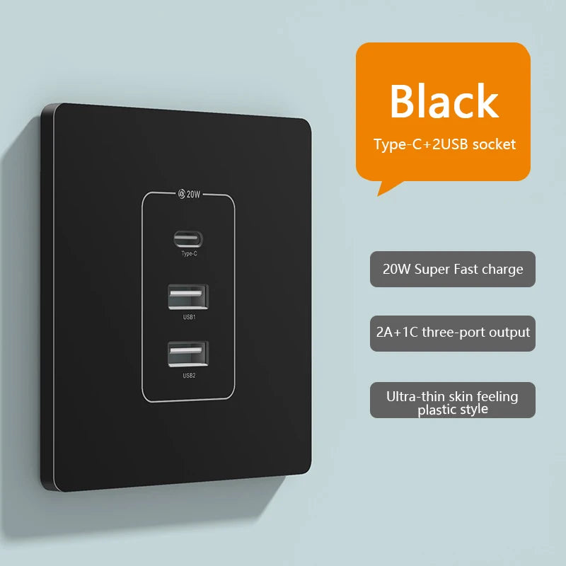 Universal 20W Super Fast Smart Charge Type C USB Port Glass Plastic Power Wall Socket Plug,Quick Charge Adapter Dual USB Socket