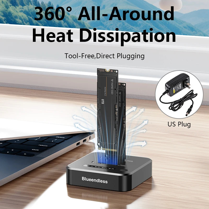 ស្ថានីយ៍ចត SSD M.2 NVMe ក្រៅបណ្តាញ Blueendless ក្លូនពីរច្រក 2Bay M2 NVMe Cloner ប្រភេទ C 10Gbps សម្រាប់ PCIe NVMe SSD Enclosure