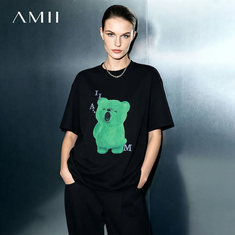 Amii Short Sleeve T-Shirt 2026 Summer New Round Neck Printed Stretch Cotton Tee Shirt Loose Fit Casual Top For Women 12642008