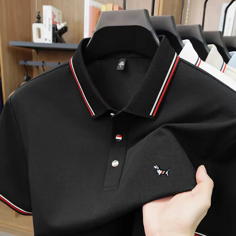 Luxury Man Short-Sleeved Polo Shirt Lapel Button Silk-Containing Dog Embroidery British Style T-Shirt Outdoor Leisure Men's Wear