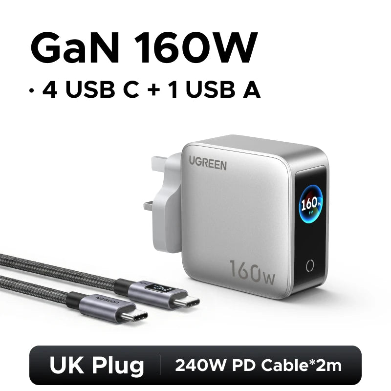 UGREEN 160W GaN Charger With Smart Display AVS PD 3.1 140W QC4.0 For MacbookPro Laptop iPhone 18 17 iPad Tablet SamsungS25 Ultra