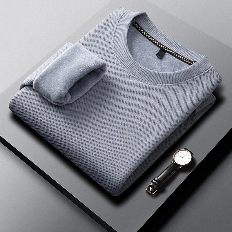 Men Thick Fleece Lined Waffle Knit Pullover Long Sleeve Crew Collar Relax Fit Warm Daily Office Wear Top