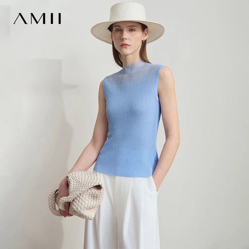 អាវក្រៅ Amii សម្រាប់នារី រចនាបែប Minimalist រដូវក្ដៅថ្មី ពណ៌រឹង ក ដៃខ្លី ស្លីម រាងកោងពីរជាន់ ប៉ាក់ដោយអំបោះ 12542249